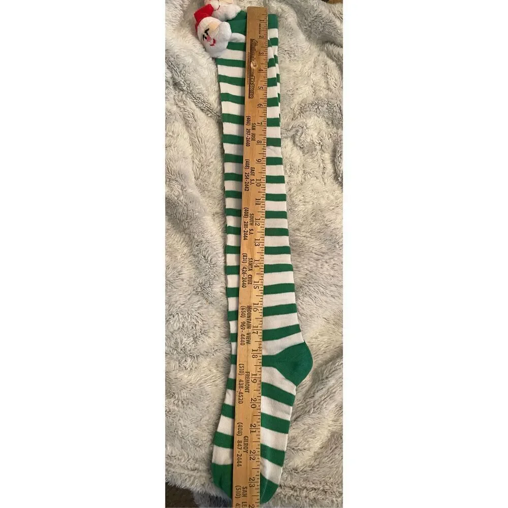 1 PAIR LEFT!! Women's Holiday Green & White Striped Santa Over The Knee Sock